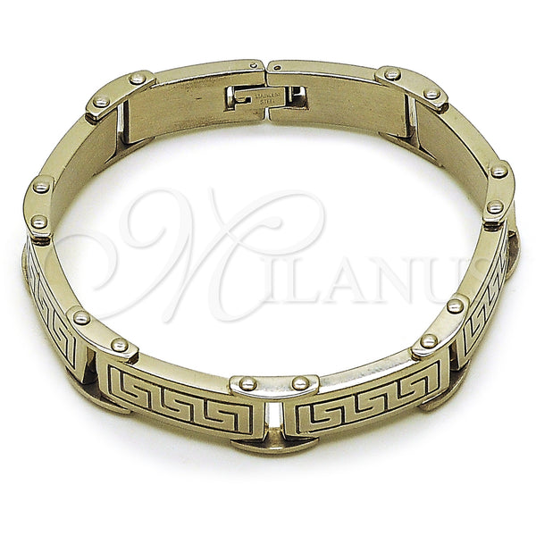 Stainless Steel Solid Bracelet, Greek Key Design, Polished, Steel Finish, 03.116.0048.09 (Thickness, 9 Inches Length)