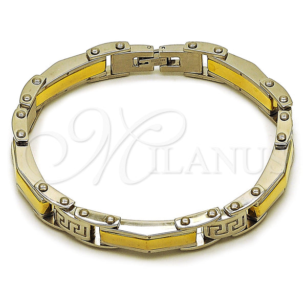 Stainless Steel Solid Bracelet, Greek Key Design, Polished, Two Tone, 03.116.0052.09 (Thickness, 9 Inches Length)