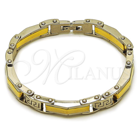 Stainless Steel Solid Bracelet, Greek Key Design, Polished, Two Tone, 03.116.0052.09 (Thickness, 9 Inches Length)