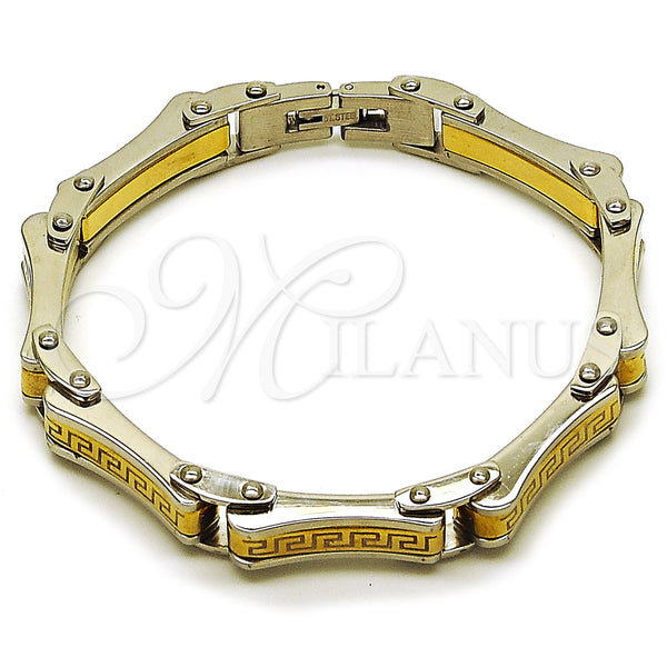 Stainless Steel Solid Bracelet, Greek Key Design, Polished, Two Tone, 03.116.0055.09 (Thickness, 9 Inches Length)