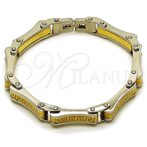 Stainless Steel Solid Bracelet, Greek Key Design, Polished, Two Tone, 03.116.0055.09 (Thickness, 9 Inches Length)