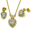 Oro Laminado Earring and Pendant Adult Set, Gold Filled Style Heart and Cluster Design, with White Cubic Zirconia, Polished, Golden Finish, 10.424.0002