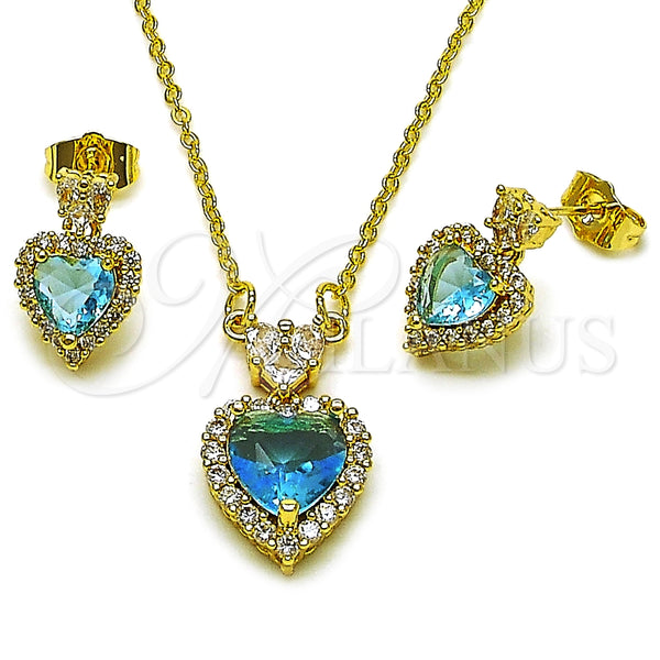 Oro Laminado Earring and Pendant Adult Set, Gold Filled Style Heart and Cluster Design, with Indicolite and White Cubic Zirconia, Polished, Golden Finish, 10.424.0002.1