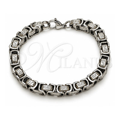 Stainless Steel Fancy Bracelet, Greek Key and Box Design, Polished, Steel Finish, 03.115.0019.09 (Thickness, 9 Inches Length)