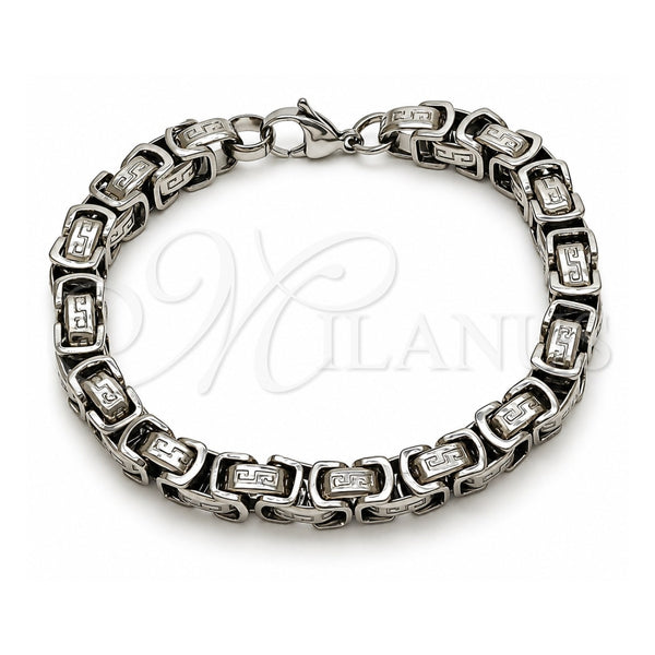 Stainless Steel Fancy Bracelet, Greek Key and Box Design, Polished, Steel Finish, 03.115.0019.09 (Thickness, 9 Inches Length)