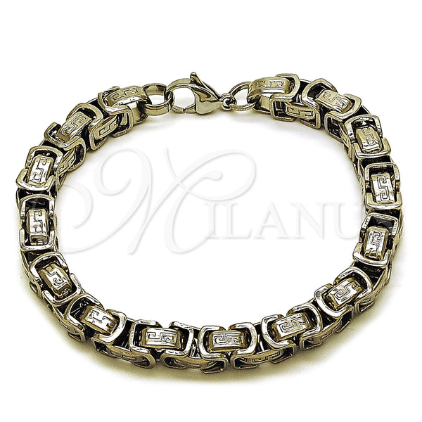 Stainless Steel Fancy Bracelet, Greek Key and Box Design, Polished, Steel Finish, 03.115.0019.09 (Thickness, 9 Inches Length)