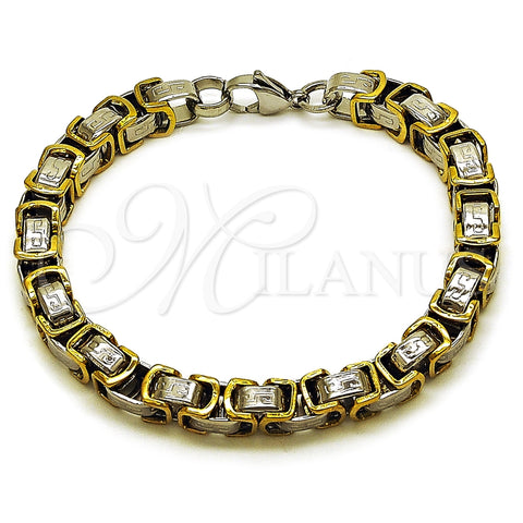 Stainless Steel Fancy Bracelet, Greek Key and Box Design, Polished, Two Tone, 03.115.0019.1.09