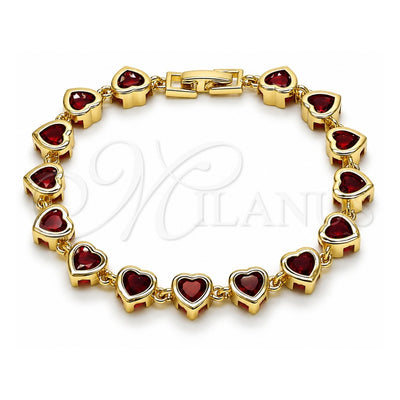 Oro Laminado Tennis Bracelet, Gold Filled Style Heart Design, with Garnet Cubic Zirconia, Polished, Golden Finish, 03.266.0063.07 (08 MM Thickness, 7 Inches Length)