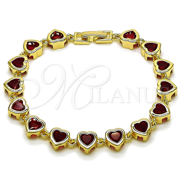Gold Filled Bracelet — Tennis Bracelet Heart Design with Garnet Cubic Zirconia — main product view — SKU 163693 | Oro Laminado brazalete — Tennis Bracelet corazón diseño with Garnet Cubic Zirconia — SKU 163693