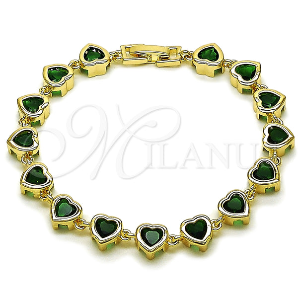 Oro Laminado Tennis Bracelet, Gold Filled Style Heart Design, with Green Cubic Zirconia, Polished, Golden Finish, 03.266.0063.1.07