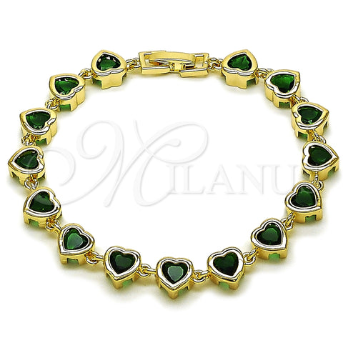 Oro Laminado Tennis Bracelet, Gold Filled Style Heart Design, with Green Cubic Zirconia, Polished, Golden Finish, 03.266.0063.1.07
