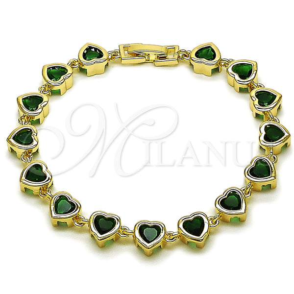 Oro Laminado Tennis Bracelet, Gold Filled Style Heart Design, with Green Cubic Zirconia, Polished, Golden Finish, 03.266.0063.1.07 (08 MM Thickness, 7 Inches Length)