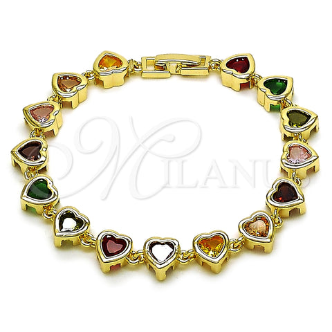 Oro Laminado Tennis Bracelet, Gold Filled Style Heart Design, with Multicolor Cubic Zirconia, Polished, Golden Finish, 03.266.0063.2.07