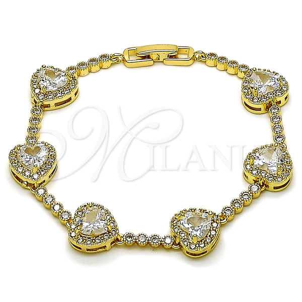 Oro Laminado Tennis Bracelet, Gold Filled Style Heart and Cluster Design, with White Cubic Zirconia, Polished, Golden Finish, 03.266.0064.07