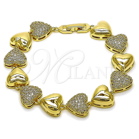 Oro Laminado Tennis Bracelet, Gold Filled Style Heart Design, with White Cubic Zirconia, Polished, Golden Finish, 03.266.0065.08