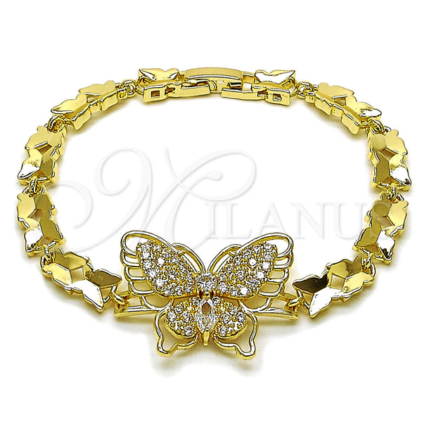 Oro Laminado Fancy Bracelet, Gold Filled Style Butterfly Design, with White Cubic Zirconia, Polished, Golden Finish, 03.266.0066.07 (Thickness, 8 Inches Length)