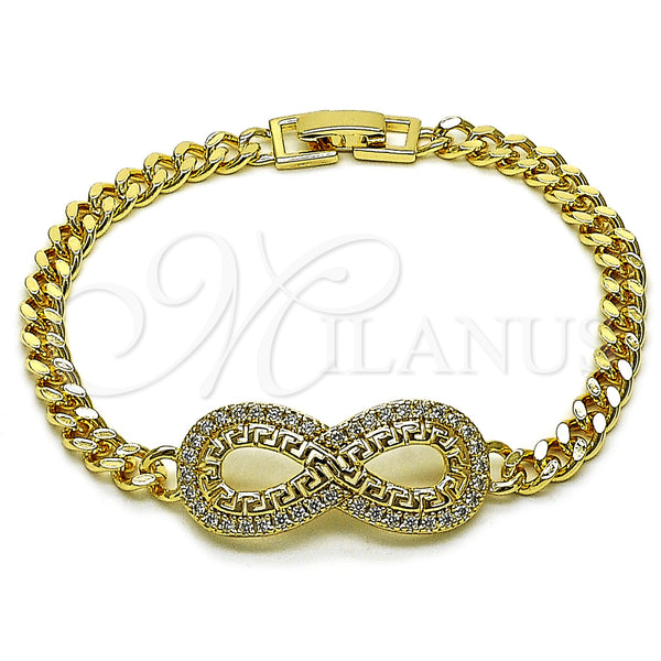 Oro Laminado Fancy Bracelet, Gold Filled Style Infinite and Greek Key Design, with White Cubic Zirconia, Polished, Golden Finish, 03.266.0067.08 (Thickness, 8 Inches Length)