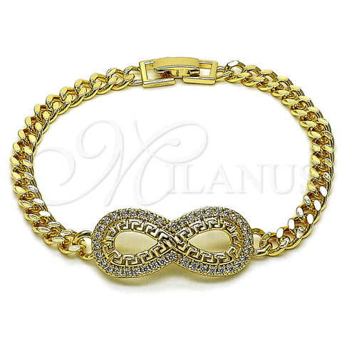 Oro Laminado Fancy Bracelet, Gold Filled Style Infinite and Greek Key Design, with White Cubic Zirconia, Polished, Golden Finish, 03.266.0067.08 (Thickness, 8 Inches Length)