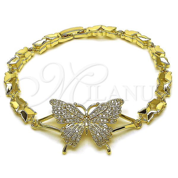 Oro Laminado Fancy Bracelet, Gold Filled Style Butterfly Design, with White Cubic Zirconia, Polished, Golden Finish, 03.266.0068.08 (Thickness, 8 Inches Length)