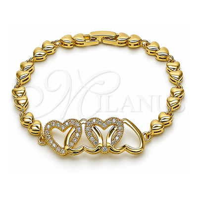 Oro Laminado Fancy Bracelet, Gold Filled Style Heart Design, with White Cubic Zirconia, Polished, Golden Finish, 03.266.0069.07 (Thickness, 8 Inches Length)