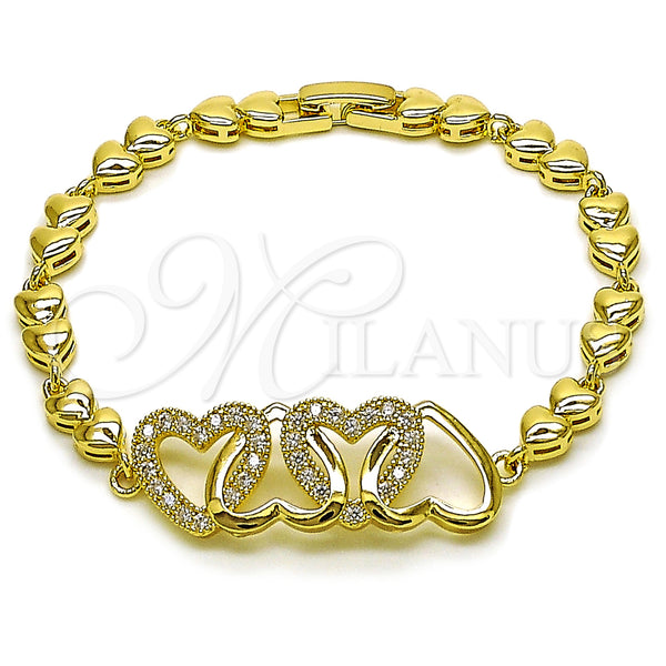 Oro Laminado Fancy Bracelet, Gold Filled Style Heart Design, with White Cubic Zirconia, Polished, Golden Finish, 03.266.0069.07 (Thickness, 8 Inches Length)