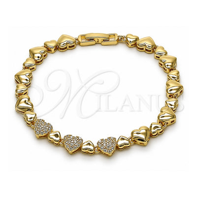 Oro Laminado Fancy Bracelet, Gold Filled Style Heart Design, with White Cubic Zirconia, Polished, Golden Finish, 03.266.0070.08 (Thickness, 8 Inches Length)