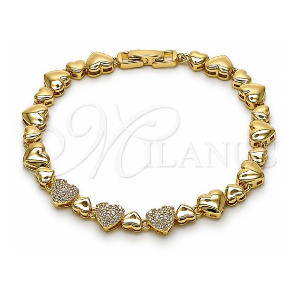 Oro Laminado Fancy Bracelet, Gold Filled Style Heart Design, with White Cubic Zirconia, Polished, Golden Finish, 03.266.0070.08 (Thickness, 8 Inches Length)