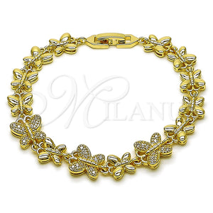Oro Laminado Fancy Bracelet, Gold Filled Style Butterfly Design, with White Cubic Zirconia, Polished, Golden Finish, 03.266.0072.08 (09 MM Thickness, 8 Inches Length)