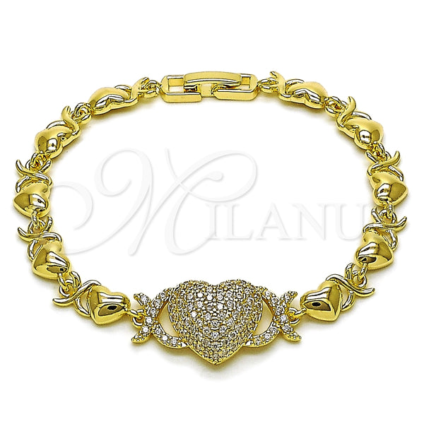 Oro Laminado Fancy Bracelet, Gold Filled Style Heart and Hugs and Kisses Design, with White Cubic Zirconia, Polished, Golden Finish, 03.266.0073.07