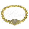 Oro Laminado Fancy Bracelet, Gold Filled Style Heart and Hugs and Kisses Design, with White Cubic Zirconia, Polished, Golden Finish, 03.266.0073.07