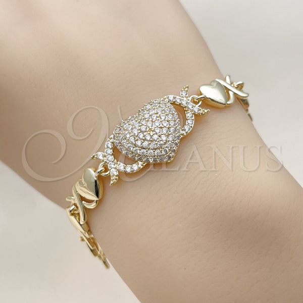 Oro Laminado Fancy Bracelet, Gold Filled Style Heart and Hugs and Kisses Design, with White Cubic Zirconia, Polished, Golden Finish, 03.266.0073.07 (Thickness, 7 Inches Length)