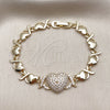 Oro Laminado Fancy Bracelet, Gold Filled Style Heart and Hugs and Kisses Design, with White Cubic Zirconia, Polished, Golden Finish, 03.266.0073.07 (Thickness, 7 Inches Length)