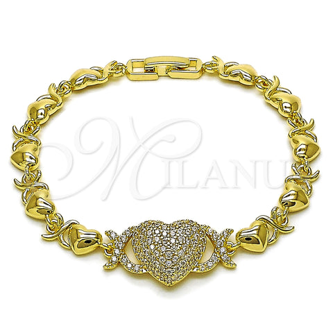Oro Laminado Fancy Bracelet, Gold Filled Style Heart and Hugs and Kisses Design, with White Cubic Zirconia, Polished, Golden Finish, 03.266.0073.07 (Thickness, 7 Inches Length)