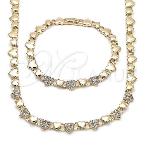 Oro Laminado Necklace and Bracelet, Gold Filled Style Heart Design, with White Micro Pave, Polished, Golden Finish, 06.266.0005.18