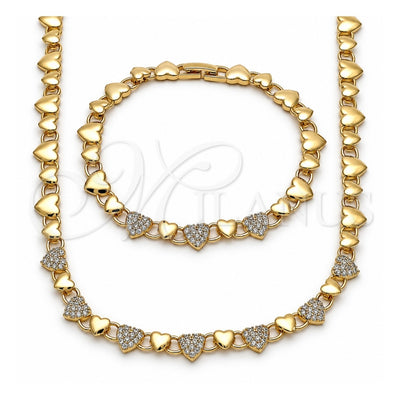 Oro Laminado Necklace and Bracelet, Gold Filled Style Heart Design, with White Micro Pave, Polished, Golden Finish, 06.266.0005.18