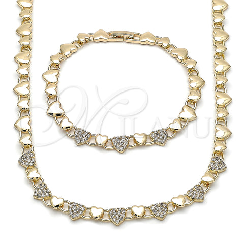 Oro Laminado Necklace and Bracelet, Gold Filled Style Heart Design, with White Micro Pave, Polished, Golden Finish, 06.266.0005.18