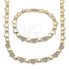 Oro Laminado Necklace and Bracelet, Gold Filled Style Heart Design, with White Micro Pave, Polished, Golden Finish, 06.266.0005.18