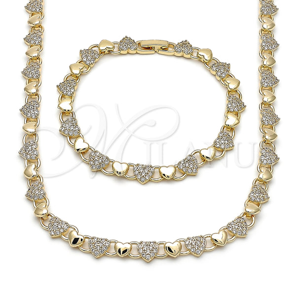 Oro Laminado Necklace and Bracelet, Gold Filled Style Heart Design, with White Micro Pave, Polished, Golden Finish, 06.266.0006.18