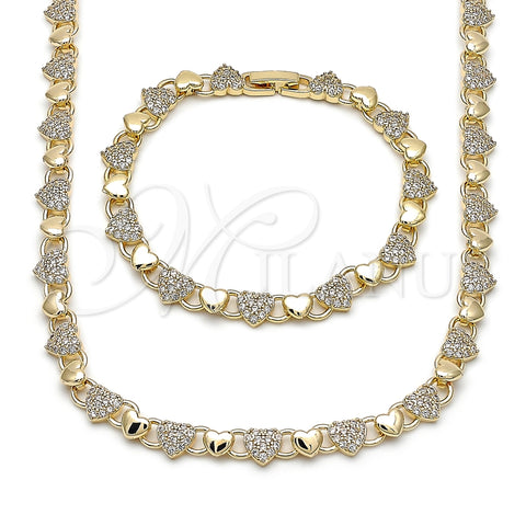 Oro Laminado Necklace and Bracelet, Gold Filled Style Heart Design, with White Micro Pave, Polished, Golden Finish, 06.266.0006.18