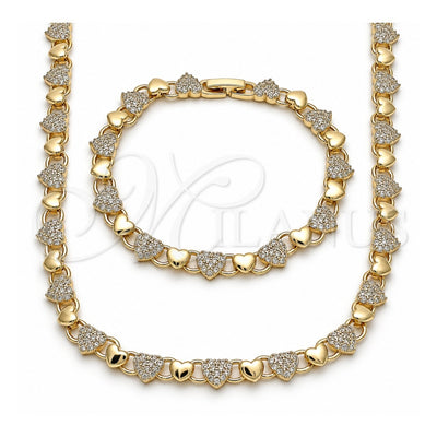 Oro Laminado Necklace and Bracelet, Gold Filled Style Heart Design, with White Micro Pave, Polished, Golden Finish, 06.266.0006.18