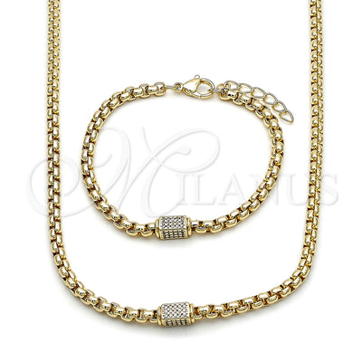 Oro Laminado Necklace and Bracelet, Gold Filled Style Box Design, with White Micro Pave, Polished, Golden Finish, 06.213.0032.18