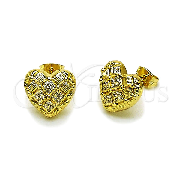 Oro Laminado Stud Earring, Gold Filled Style Heart Design, with White Micro Pave, Diamond Cutting Finish, Golden Finish, 02.213.0914