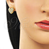 Oro Laminado Stud Earring, Gold Filled Style Heart Design, with White Micro Pave, Diamond Cutting Finish, Golden Finish, 02.213.0914