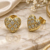 Oro Laminado Stud Earring, Gold Filled Style Heart Design, with White Micro Pave, Diamond Cutting Finish, Golden Finish, 02.213.0914