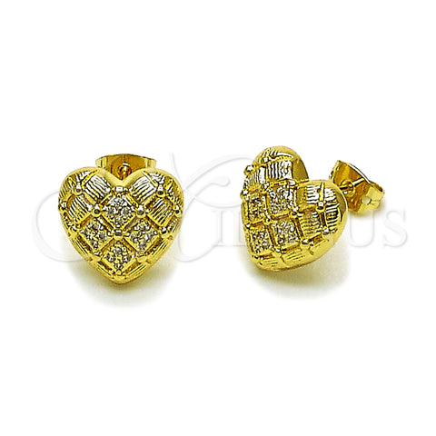 Oro Laminado Stud Earring, Gold Filled Style Heart Design, with White Micro Pave, Diamond Cutting Finish, Golden Finish, 02.213.0914