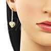 Oro Laminado Long Earring, Gold Filled Style Heart and Love Design, with White Cubic Zirconia, Polished, Golden Finish, 02.213.0920