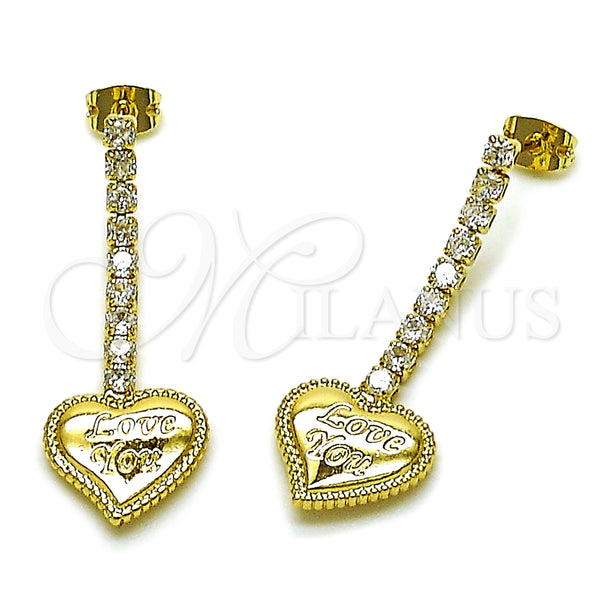 Oro Laminado Long Earring, Gold Filled Style Heart and Love Design, with White Cubic Zirconia, Polished, Golden Finish, 02.213.0920