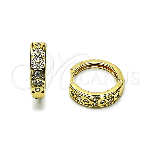 Oro Laminado Huggie Hoop, Gold Filled Style Heart Design, with White Cubic Zirconia, Polished, Golden Finish, 02.195.0374.18