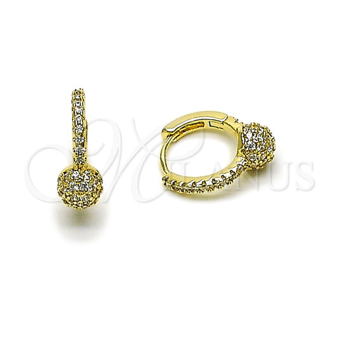 Oro Laminado Huggie Hoop, Gold Filled Style Ball Design, with White Micro Pave, Polished, Golden Finish, 02.195.0376.14