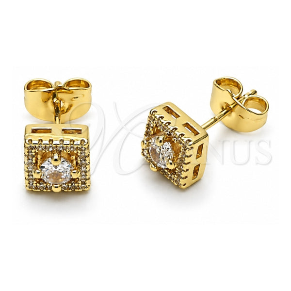 Oro Laminado Stud Earring, Gold Filled Style Cluster Design, with White Cubic Zirconia and White Micro Pave, Polished, Golden Finish, 02.195.0386